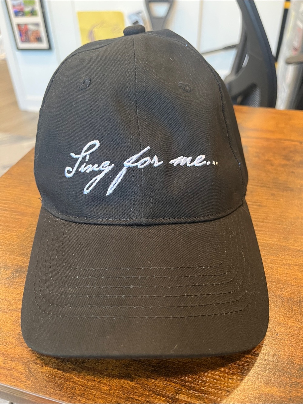 Masquerade Merch: Black Cap with White Script "Sing for me"